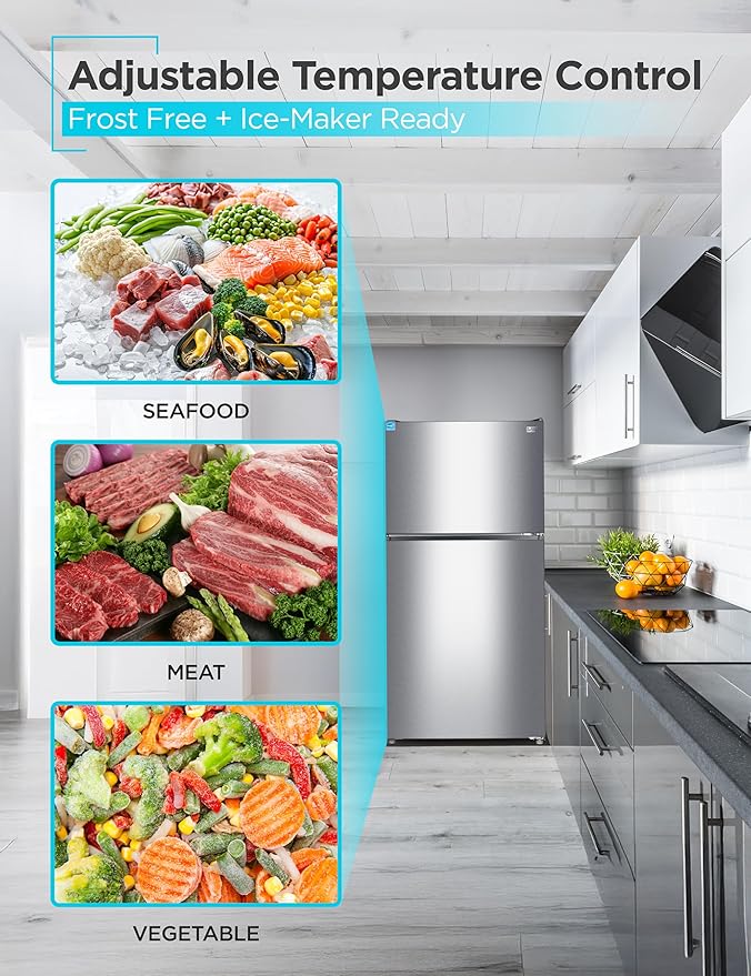 BLACK+DECKER 24 Cu. Ft. Top Mount Refrigerator with Freezer, 2 Door Refrigerator with Top Freezer and Adjustable Temperature Control, Full Size Kitchen, ENERGY STAR, BR2400JS, Stainless Look