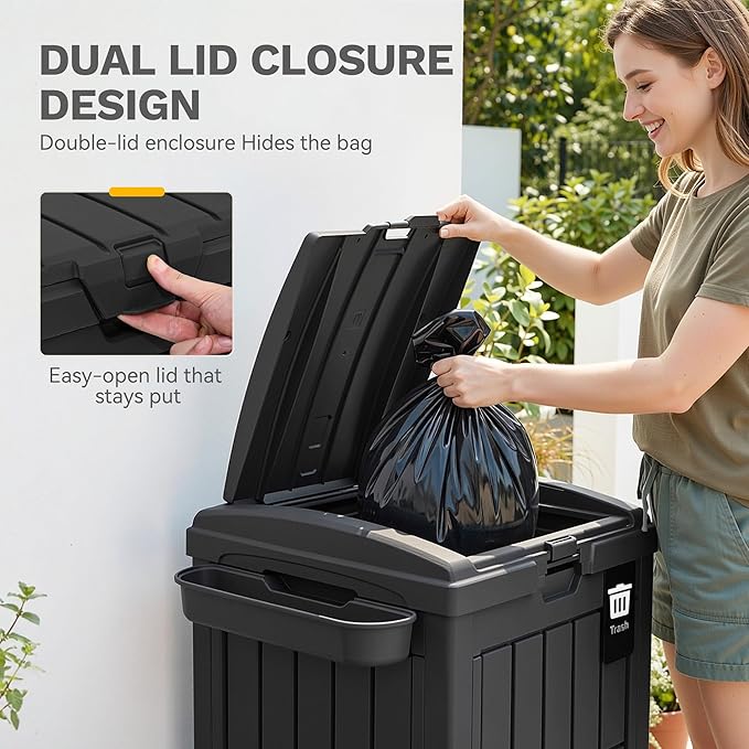 DWVO 38 Gallon Outdoor Trash Can, Resin Garbage Bin with Lid, Includes 2 Sorting Labels, Ash Holder, Stakes & Suction Cups, Hideaway Storage for Patio Backyard Garden, Black