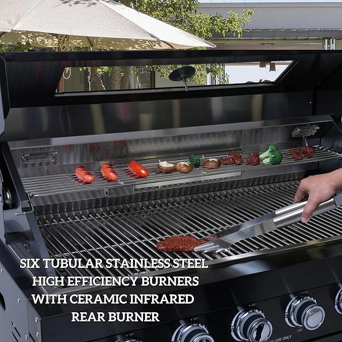 157-Inch 6-Burner 96000 BTU Propane Gas Outdoor Kitchen Island - Stainless Steel Grill with Wine Cooler, Rotisserie, Granite Countertops, Storage Cabinets & Drawers, Silver