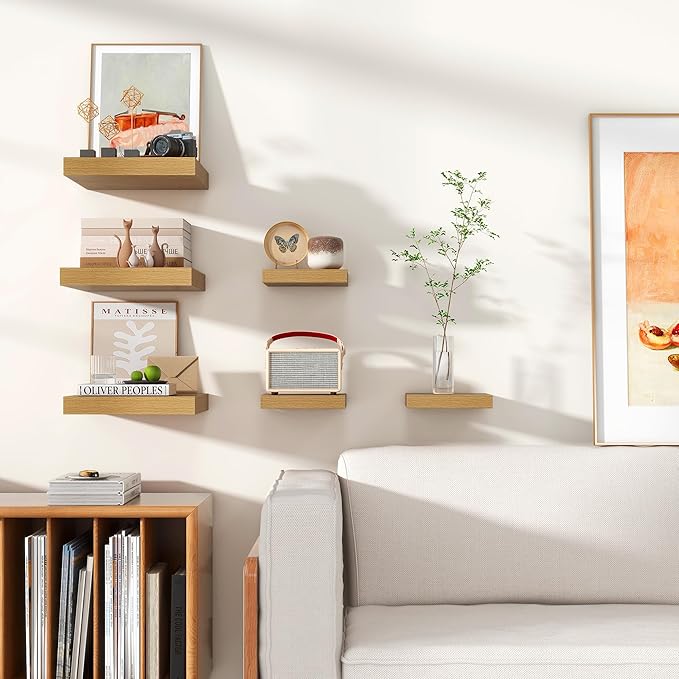 Square Floating Shelves for Wall 12"W x 12"D x 1.4"H, Small Engineered Wood Wall Shelves with Invisible Brackets for Living Room Bedroom Bathroom Office Kitchen Storage & Decor, Oak Finish, Set of 3