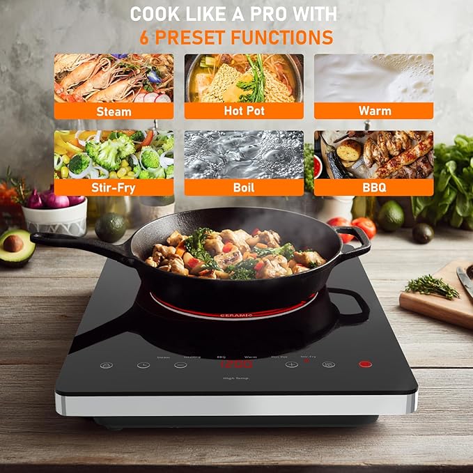 Electric Cooktop, TOPWISH 110-120V Electric Stove Top Single Burner Cooktop LED Touch Control, Child Lock, 10 Power Level, Residual Heat Indicator, 1300W Plug in Glass Countertop Burner for Cooking