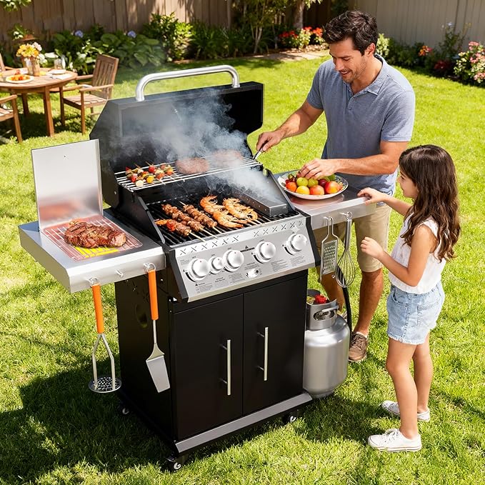 SKOK 4+1 Burners Gas Grill with Infrared Side Burners, Outdoor BBQ Grill with Cast Iron Grates, Barbecue Grill with Wheels, 60,000BTU Output