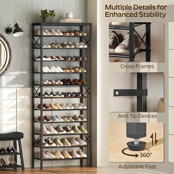 12 Tier Shoe Rack, Large Capacity Shoe Storage Organizer Holds 48 Pairs, Sturdy and Stable, for Entryway, Hallway, Closet, Dorm Room, Black SS12BB