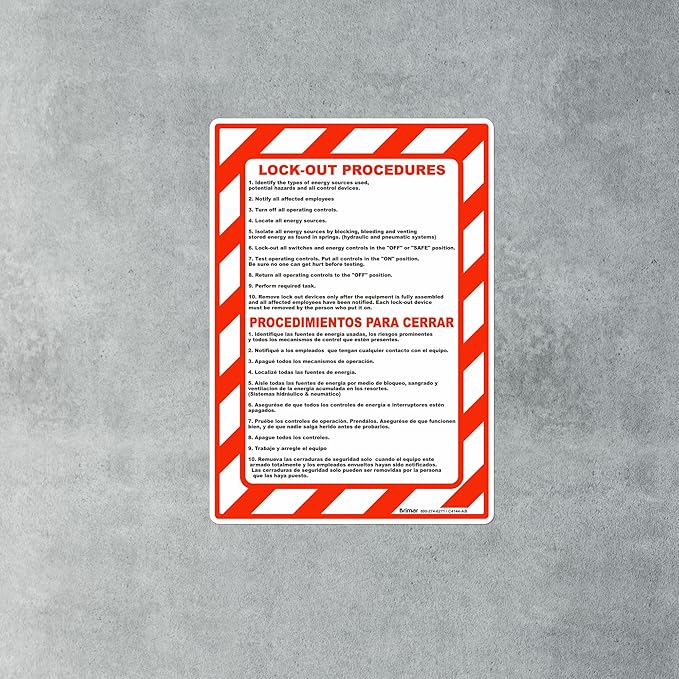 Brimar - 7 x 10" - Bilingual Lock Out Procedures Sign - 3.5 Mil InfiniStick™ Vinyl Label - Bilingual Design - Bold Text And Symbol
