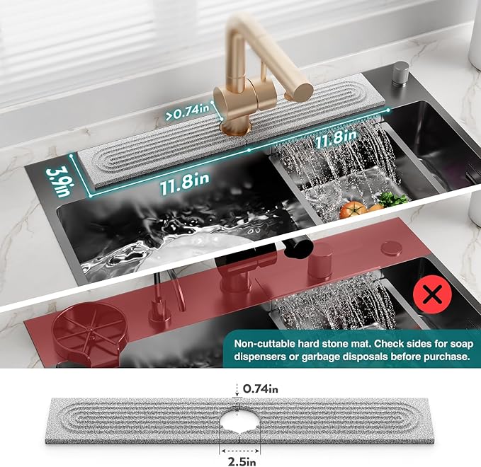 Stone Kitchen Sink Faucet Mat, Premium Upgraded Diatomite Drying Stone Mat & Sink Protector Splash Guard - Prevent Moisture Drying Stone Tray for Kitchen Counter (23.6" x 3.9", Dishwasher Safe)
