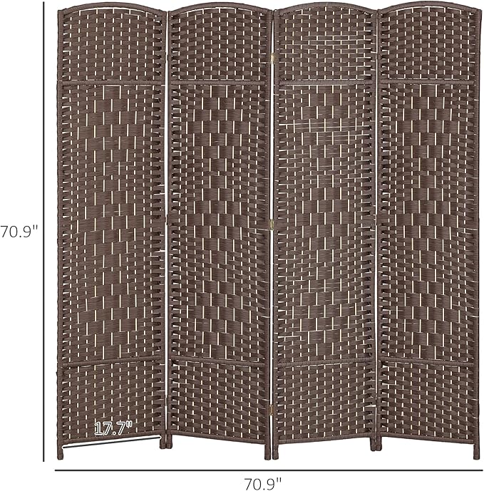 HOMCOM 4 Panel Room Divider, 6' Tall Folding Privacy Screen, Woven Freestanding Wall Partition for Home Office, Bedroom, Brown