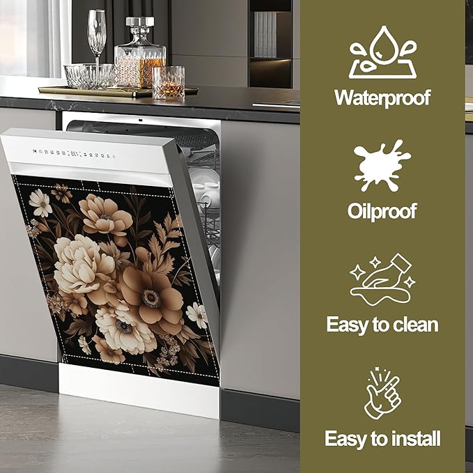 Brown Black Flower Dishwasher Magnet Cover,Artistic Kitchen Decor Waterproof Refrigerator Magnet Appliance Cover Protector,23Wx26H Inches