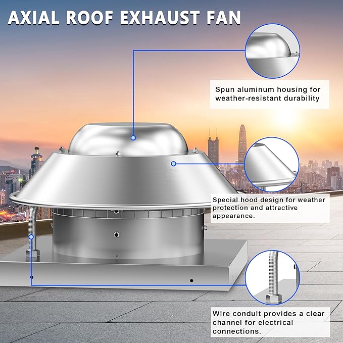 Roof Exhaust Fan Direct Drive Axial Downblast Exhaust Fan -19" Fan Base, 1/10 HP 115 Volt Single Phase Motor 830 CFM, ETL Listed