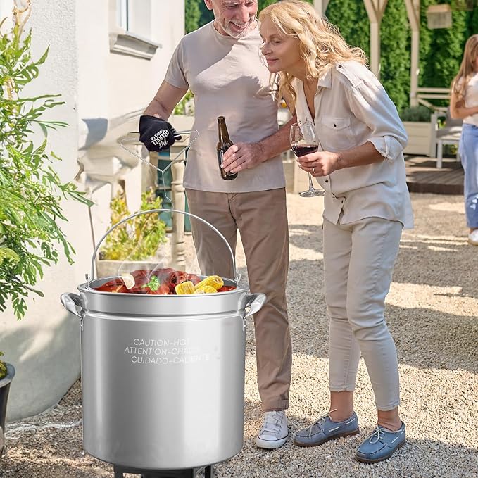 ROVSUN 102QT Stainless Steel Seafood Boil Pot With Strainer Basket, Lid & Hook, Versatile Stock for Crab, Lobster, Shrimp Boiling, Heavy-Duty Turkey Fryer for Outdoor Cooking & Gatherings
