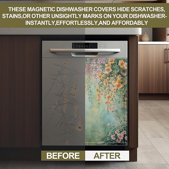 Dishwasher Magnet Cover,Abstract Flowers Dishwasher Cover Magnetic Spring Floral Home Appliances Refrigerator Decorative 23" x 26"