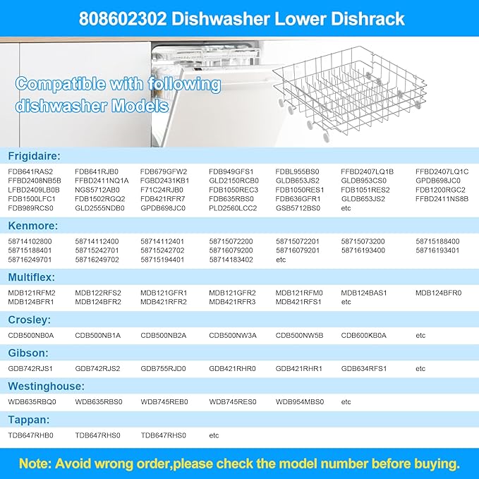 UPGRADED 808602302 Dishwasher Lower Dishrack for Frigidaire Kenmore Dishwasher Rack Replacement Parts with Wheel,808602302 154432602 Frigidaire Dishwasher Rack Parts 304 Stainless Steel Bottom Rack