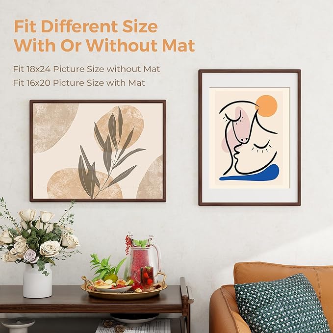 Axeman 18 x 24 Walnut Frame - Rounded Corner 18x24 Picture Frame Matted to 16x20 - Natural Walnut Wood Poster Frame with Tempered Glass for Wall Mount Display