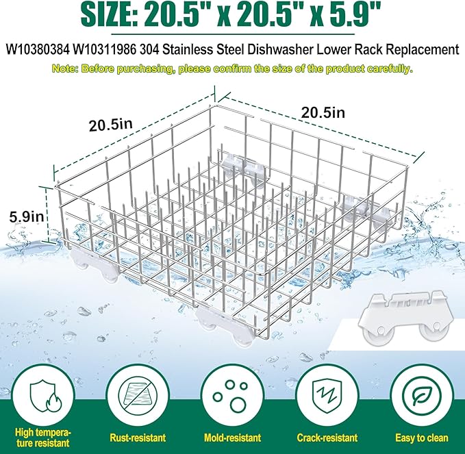 Upgraded 304 Stainless Steel W10311986 W10380384 Dishwasher Lower Rack Replacement for Whirlpool Dishwasher Bottom Rack 300563, DU911PCDQO with WP3376961 Wheels