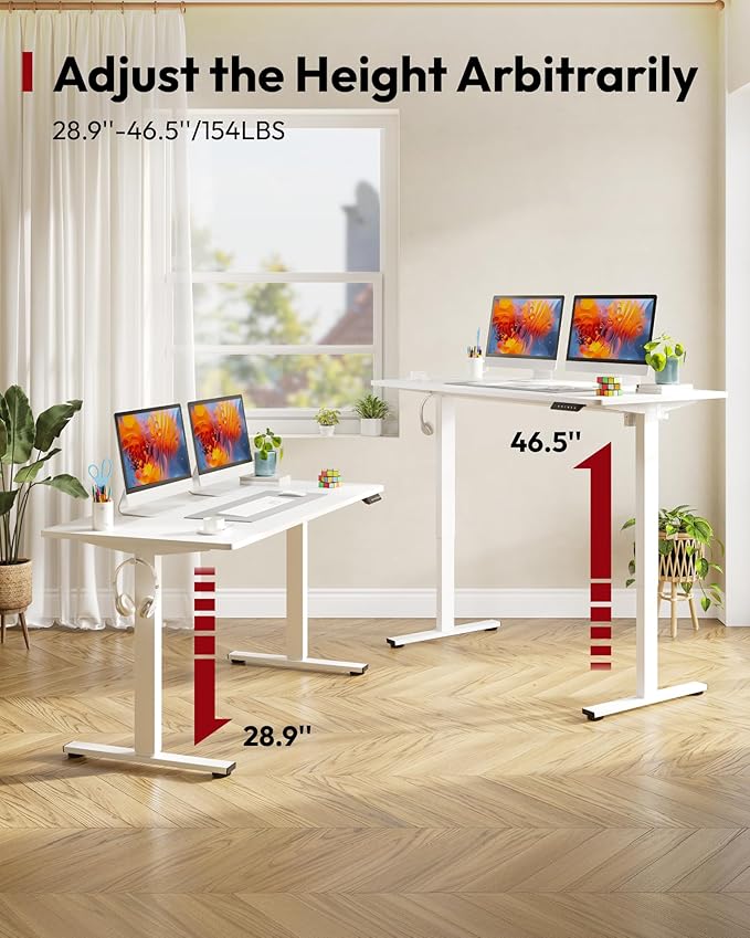 SANODESK Electric Standing Desk 55 x 28 Inches Whole-Piece Desktop Height Adjustable Stand Up Desk w/6-Button Controller Ergonomic Computer Desk for Home Office, White Frame + White Tabletop