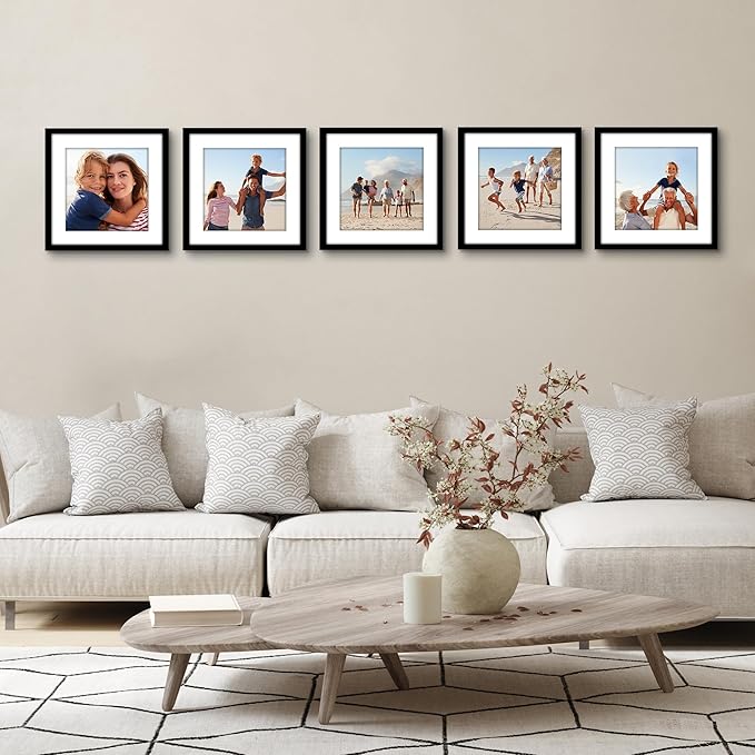 Americanflat 12x12 Picture Frame with Polished Plexiglass - Set of 5 - Use as 9x9 Frame with Mat or Display 12x12 Photo Without Mat - Galleria Collection - Square Frames for Wall Display - Black