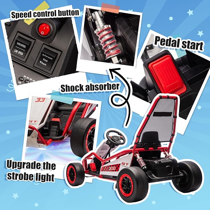 24V 8.5 MPH Electric Go Kart for Kids, 400W Powerful Drift Kart w/Front EVA Wheel & Metal Frame, Ride on Toy w/Music & Lights, Suspension, 2 Speed, 5 Point Harness, Crazy Cart for Ages 6+, Red