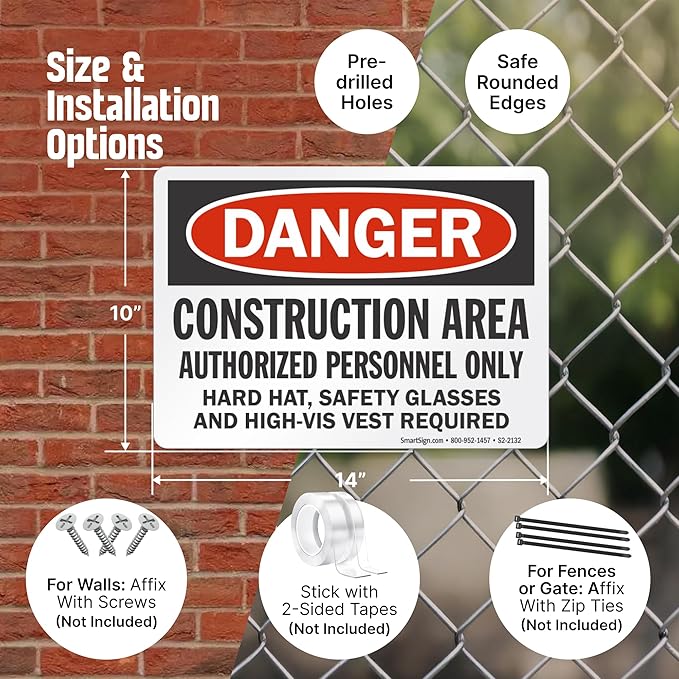 SmartSign - S-8968-AL-14 "Danger - Construction Area, Authorized Personnel Only" Sign | 10" x 14" Aluminum Black/Red on White