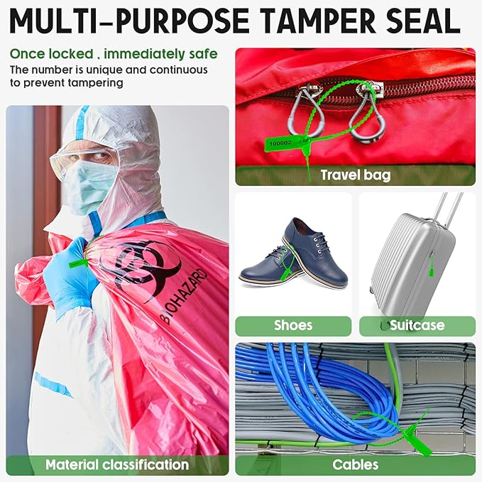 1000 Pcs Plastic Tamper Seals Fire Extinguisher Tags Security Tags Seals Safety Numbered Zip Ties Labels Safety Disposable Self Locking Signage 250 mm Length (Green)