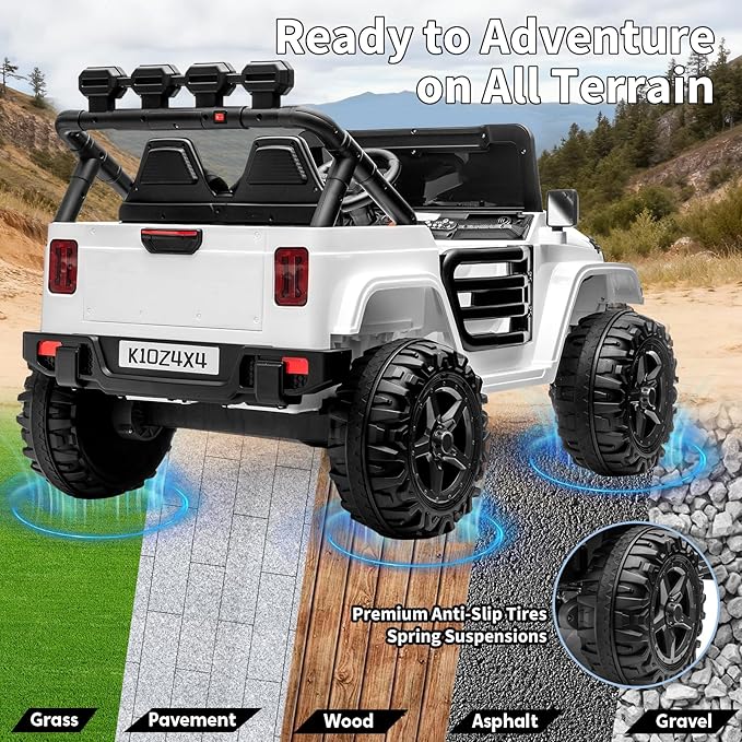 Kids 24V 2-Seater Electric Ride On Car, 4x4 Ride On Truck w/Remote Control, 4-Wheeler Suspension, 3 Speeds, Led Lights, Bluetooth, Ride on Car Toy for Kids Ages 3-8, White