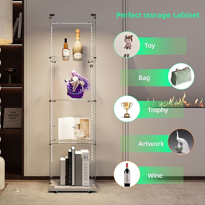 Glass Display Cabinet with LED Light Strip, 4 Shelves with 1 Door, Glass Top Curio Storage Cabinets with Lock & Caster for Living Room, Floor Standing Bookshelf,Quick Installation - White