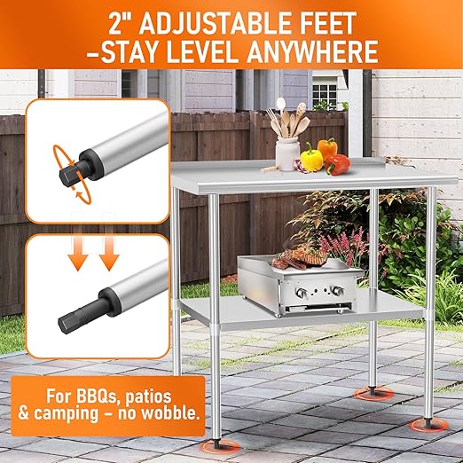 HOCCOT Stainless Steel Table 30" x 36" with Adjustable Undershelf and Backsplash, Commercial Metal Workstations for Kitchen, Garage, Outdoor BBQ