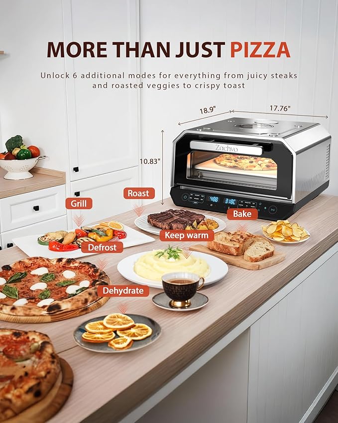 Indoor Pizza Oven, Makes 12 Inch Pizzas in 90 Seconds, Heats up to 850°F Countertop Pizza Oven, 6 Touchscreen Presets Electric Pizza Oven for Kitchen, Baking Tray & Pizza Stone Peel Included-Silver