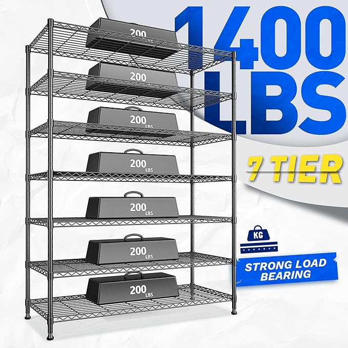 2 Set of 82.6H Metal Shelving Unit 7 Tier Storage Shelves Adjustable Wire Shelving Metal Wire Shelf Pantry Shelves Commercial Rack for Kitchen Pantry Garage 45" W x 82.6''H x 13.5" D, Black