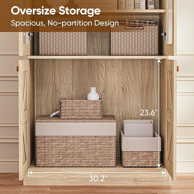 Vyre 71" Tall Farmhouse Kitchen Pantry, Set of 4 Large Storage Cabinets with Glass Doors, Adjustable Shelves, Wood Versatile Hutch Cabinet for Living Room, Dining Room, Brown
