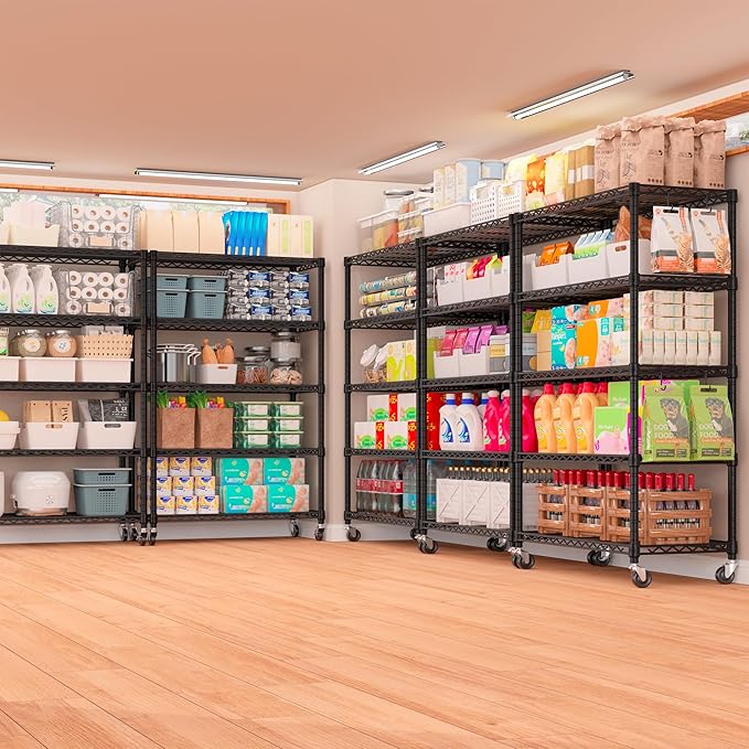 PrimeZone 74''H Wire Shelving 1250lbs 5 Tier Storage Shelves with Wheels NSF Certified Heavy Duty Steel Metal Shelf Adjustable Rolling Rack Kitchen Garage Closet Pantry Laundry 74''HX36''WX14''D 3PCS