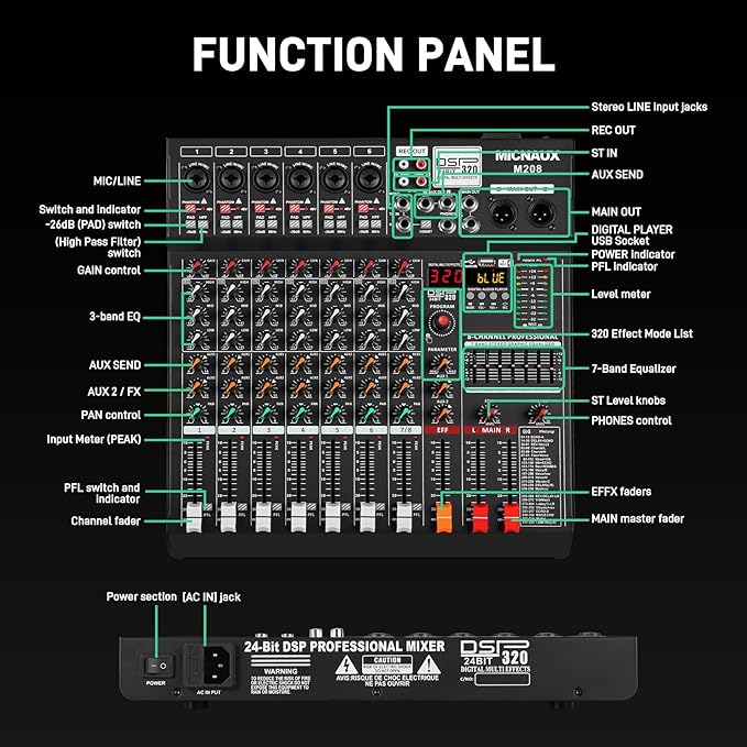 Audio Mixer 8 Channel Professional Sound Console Music Mixer with 320 DSP Effects, 7-band EQ DJ Mixing Board w/USB, Bluetooth, 48V Power Supply, PAD Button for Recording Karaoke PA Drum Live