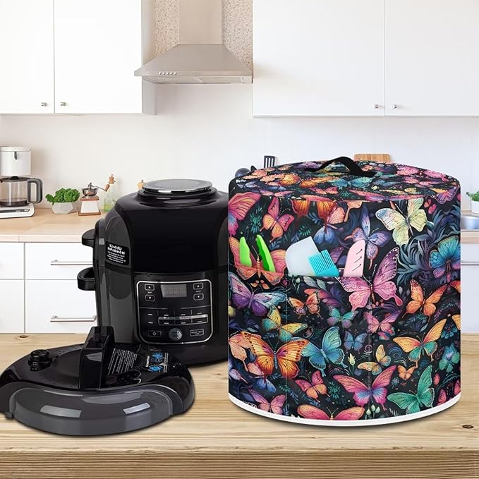 Insulated Pressure Cooker Appliance Cover, Also Fit for Rice Cooker, Air Fryer and Crock Pot, 6 Quart Dust Cover with Pocket for Spoon/Cooking Utensils/Recipes, Washable, Butterfly Various