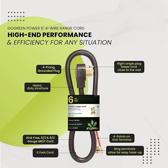 GoGreen Power (GG-27206) 6' 4-Wire Range Cord, 50 Amp, 6 Ft.