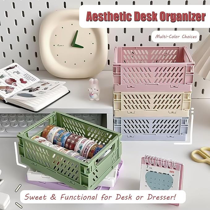 Small Pastel Plastic Storage Bins 2Pcs Foldable Pastel Crates Plastic Basket Colorful Storage Containers Baskets for Classroom Kitchen Office Bedroom Desktop Home Decor (Green 5.8" x 3.8" x 2.2")