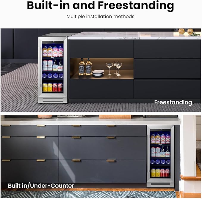 Yeego 15 Inch Beverage-Refrigerator, Beverage Cooler Stainless Steel Refrigerator Built-in or Freestanding, Small Wine Fridge with Glass Door, Drink Fridge for Beer, Soda, Wine
