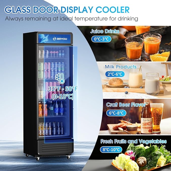 BEYOU Display Merchandiser Refrigerator, 13.3 cu. Ft Commercial Upright Beverage Fridge with single Glass Door, Drink Cooler for Living Room,Bar,Garage（Black）