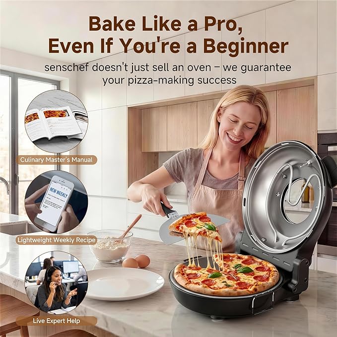 SEMSCHEF 12-Inch CrustyBake Beginner's Glazed Stone Pizza Oven: Quick 800°F Heating, Easy-Clean Design, Recipe Book & All Tools Included - Perfect for First-Time Pizza Makers at Home