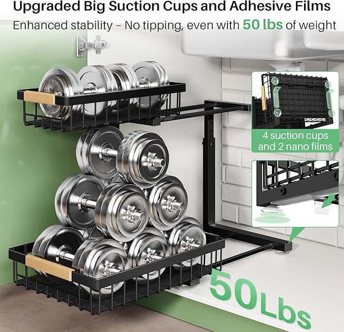Under Sink Organizer, 2 Packs 2 Tier Under Sink Organizers and Storage, Slide out Pull out Cabinet Organizer Shelf, Metal Sliding Drawer for Kitchen Bathroom Pantry Cabinet Closet Organization Rack