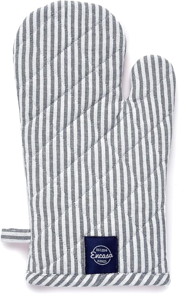 Encasa XO Long 12"x7" Oven Microwave Hand Gloves Mitts (2 pc Set) for Kitchen Cooking & Baking - Heat Resistant, Thick & Safe, Protection of Hands from Hot Utensils - Ticking Navy Blue