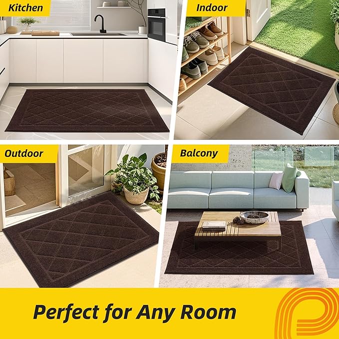 JSEI Dirt Trapper Door Mat 20"x32", Non-Slip Washable Entryway Mats, Dog Door Mat, Stain Resistant and Absorbent Floor Mats, Low Profile Welcome Mat for Front Back Door, Brown