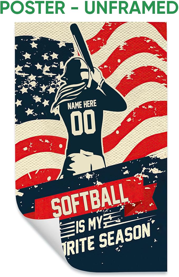 Personalized Softball Poster & Framed Canvas, Softball Is My Favorite Season Home Office Decor, Custom Name Number Bedroom Living Room Aesthetic Wall Art Gift For Girl, Daughter