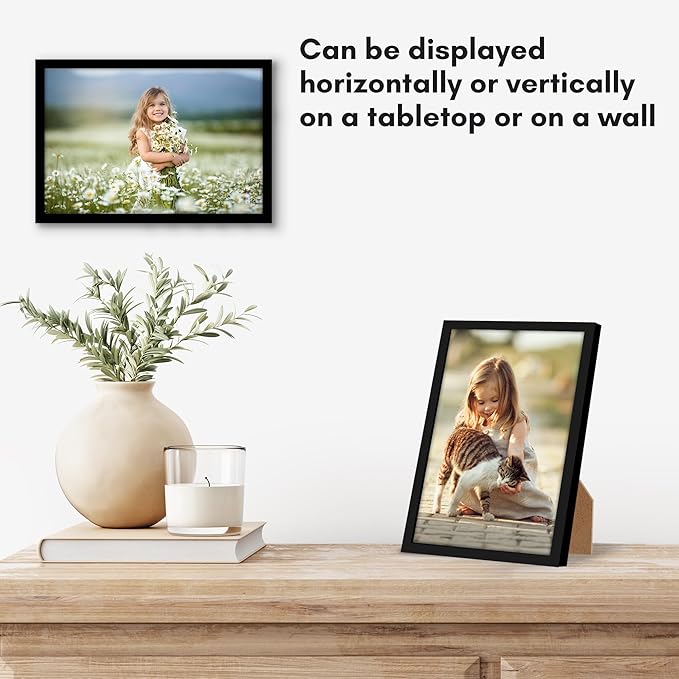 Americanflat 6x9 Picture Frame with Shatter-Resistant Glass - Streamline Collection - Thin Border Photo Frame for Tabletop and Wall Display - Hanging Hardware and Easel Stand Included - Black