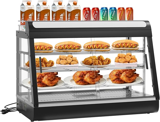 35-inch Commercial Food Warmer Display Case, 3-Tier Countertop Food Pizza Pastry Warmer with Top Rack for Pizza/Pretzel,3D Heating with LED Lighting Removable Shelves Glass Door,for Restaurant