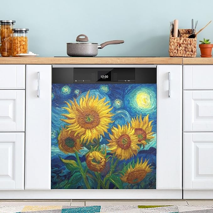 Starry Sunflowers Blue Dishwasher Magnet Cover Front Door Magnetic Dishwasher Cover Decorative Refrigerator Magnet Covers Dishwashers Magnetic Sticker for Home Kitchen Decor, 23" x 26"