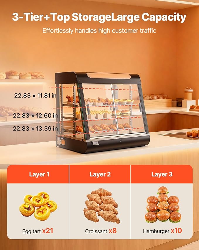 VEVOR 3-Tier Commercial Food Warmer Display, 1200W Food Display Warmer with LED Light, Top Storage and Adjustable Shelves, 86℉~185℉ Steam Heating, 106Qt/100L for Hamburger, Pizza, Bread, Fried Chicken