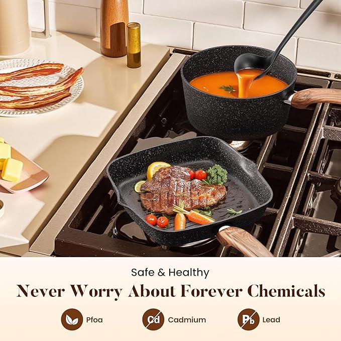Kitchen Academy 17-Piece Induction Cookware Set, Nonstick Black Granite Pots and Pans