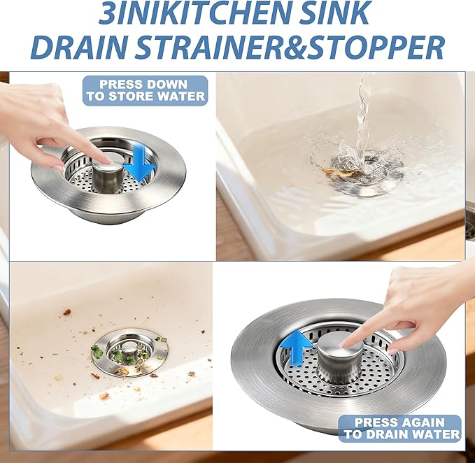 Sink Drain Strainer,Stainless Steel 3-in-1 Pop-up Sink Stopper with Sealing Ring, Anti-Clog & Odor-Proof Drain Filter, Fits 3-1/2 Inch Sink Drain Holes, Easy Installation-2pc