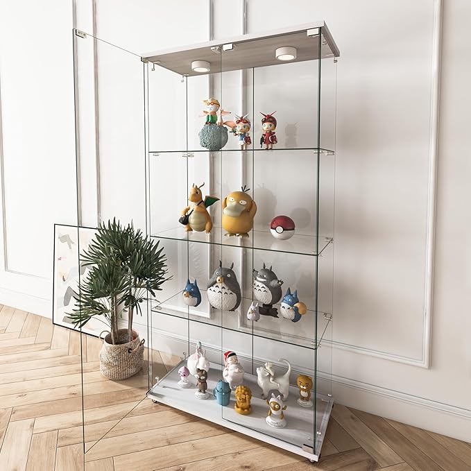 Yoluckea 4-Shelf Glass Display Cabinet with LED Lights, 2-Door Floor Standing Curio Cabinet with Universal Wheel for Home or Office, White Glass Bookshelf for Collections, Decor, and Corner Display