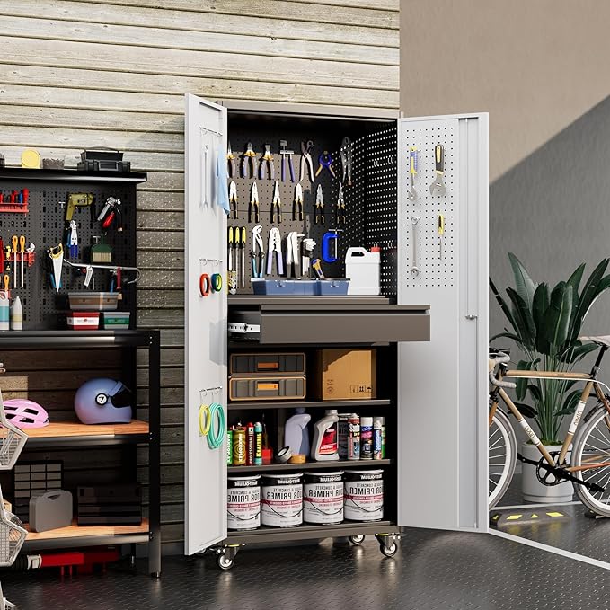 Aobabo Garage Storage Cabinet with Wheels, Metal Tool Storage Cabinet with 1 Drawer for Home,Assembly Required,Black&Grey