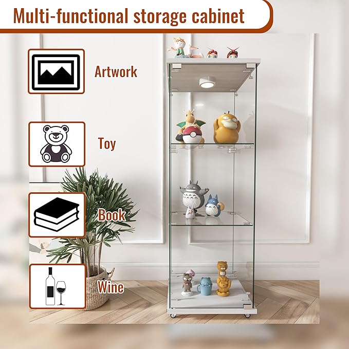 Yoluckea 3-Shelf Glass Display Cabinet with LED Lights, 1-Door Floor Standing Curio Cabinet with Universal Wheel for Home or Office, White Glass Bookshelf for Collections, Decor, and Corner Display