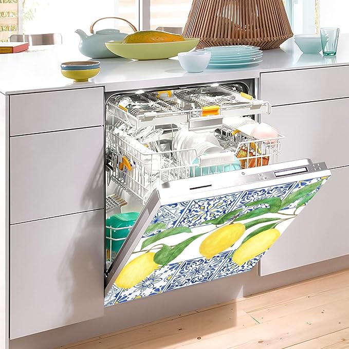 Lemon Blue Tiles Dishwasher Magnet Cover Sticker Magnetic Refrigerator Panel Front Door Fridge Microwave Decal Decorative